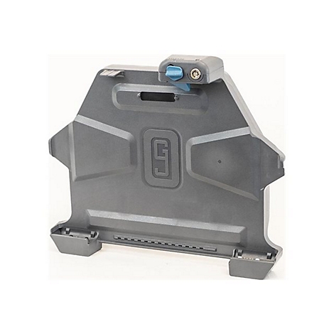 Grauer Koffer mit blauem Verschluss. Oben ein Griff, darunter ein vertieftes G-Logo.