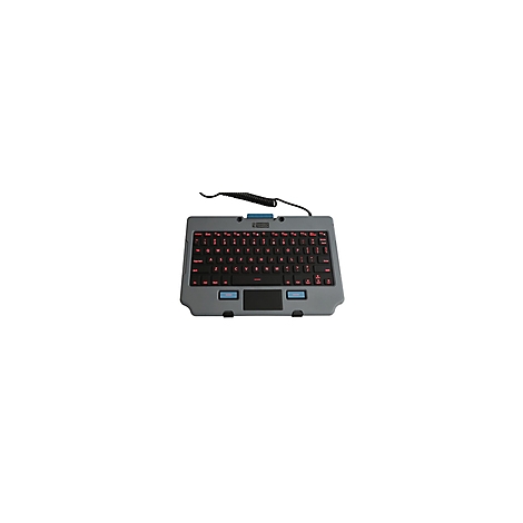 Graue Tastatur mit roten Buchstaben und Touchpad. Ein blaues Element an der Oberseite, ein blaues Element auf jeder Seite.