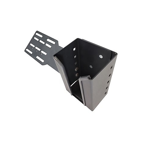 Metallhalterung für eine ungenannte Apparatur. Sie ist grau und schwarz, mit Löchern und rechteckigen Aussparungen.