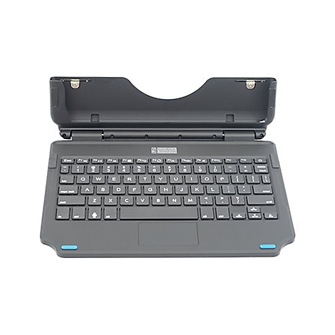 Dunkelgraue Tastatur mit blauem Knopf und aufgeklappter Abdeckung. Weiße Tasten mit schwarzer Beschriftung. Die Abdeckung hat einen gebogenen Ausschnitt.