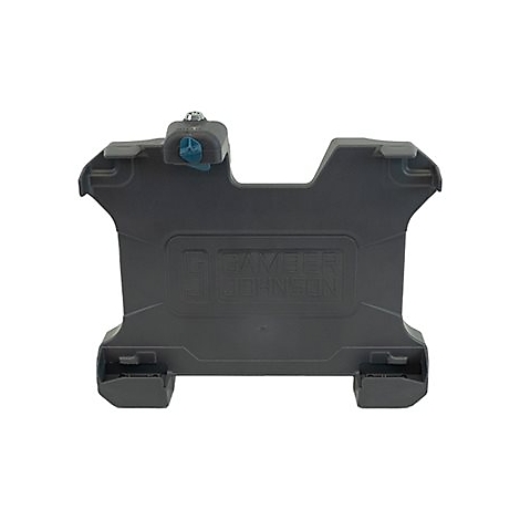 Support gris avec l'inscription "Gamber Johnson". Avec un élément bleu en haut.