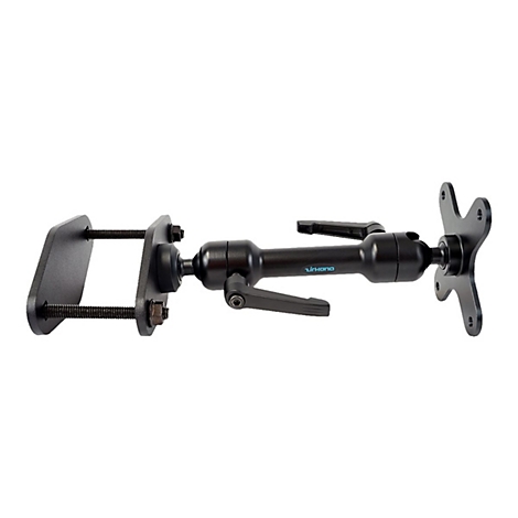 Schwarze Monitorhalterung, bestehend aus mehreren Gelenken und Halterungen. Der Name "irkona" ist auf dem Arm zu sehen.