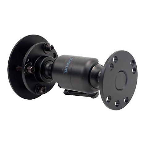 Schwarze Kamerahalterung an der Wand, mit der Aufschrift "zirkona".