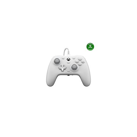Manette Xbox blanche avec câble; badge logo Xbox vert.