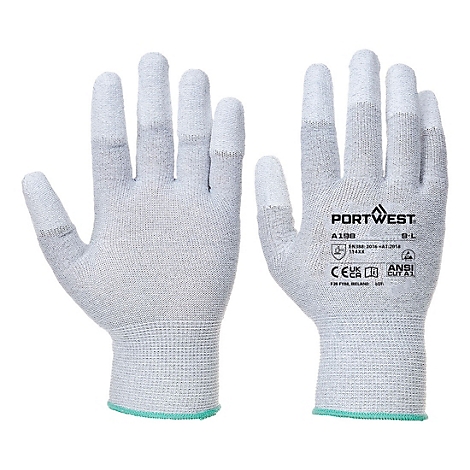 Deux gants de protection gris avec des bouts de doigts blancs. Le logo "Portwest" et d'autres informations sont affichés sur un gant.