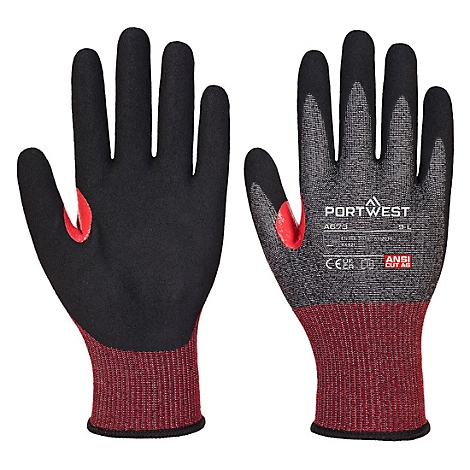 Deux gants de protection noirs avec poignets rouges et accent rouge sur les doigts, marque PORTWEST. Des logos et des informations de taille sont imprimés.