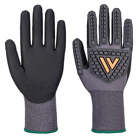 Gants de travail noirs : poignet gris, logo V orange, paume texturée.