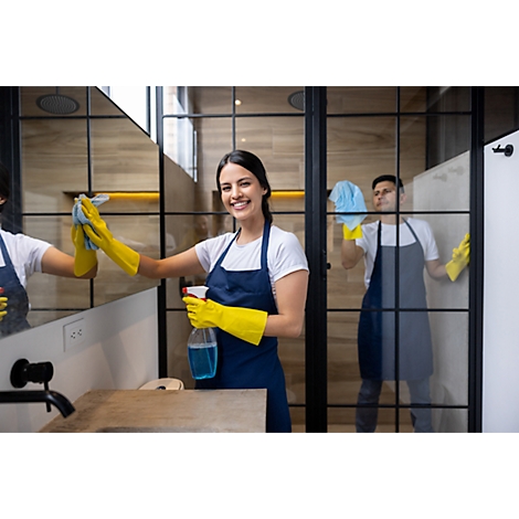 Une femme souriante nettoie un miroir dans une salle de bain. Elle porte un tablier, des gants jaunes et tient un vaporisateur. Une deuxième personne nettoie à l'arrière-plan.