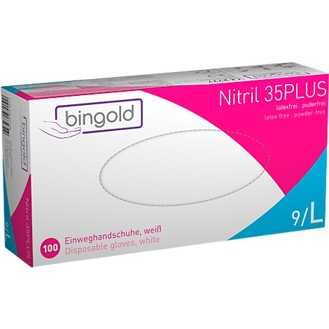 Boîte blanche avec l'inscription "bingold Nitril 35PLUS". En dessous se trouve "Gants jetables, blanc".