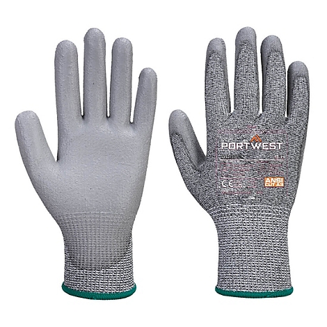 Deux gants de protection gris avec un ourlet vert sont côte à côte. Le gant droit porte l'inscription "PORTWEST" et une certification.