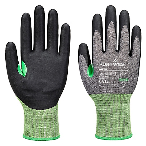 Deux gants de travail : noirs et gris, avec des poignets verts, marque Portwest.