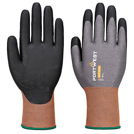 Deux gants de travail : noir/gris avec manchette orange. Le logo "Portwest" est visible sur un gant.