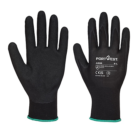 Deux gants de protection noirs côte à côte, avec ourlets verts et informations sur le produit.