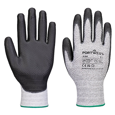 Deux gants : noirs avec poignet gris-blanc, bord vert et logo de l'entreprise.