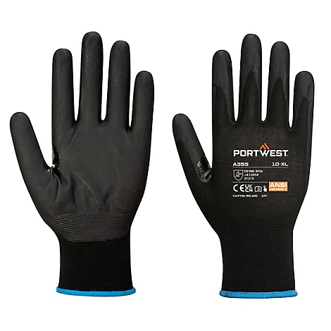 Gants noirs, marque Portwest. Manchette avec bord bleu. Inscription : A355, 10-XL, CE, ANSI.