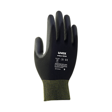 Gant de travail noir Uvex, paume et doigts noirs, poignets rayés jaune-vert.