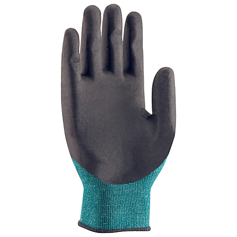 Un gant noir avec un poignet vert sur fond blanc.