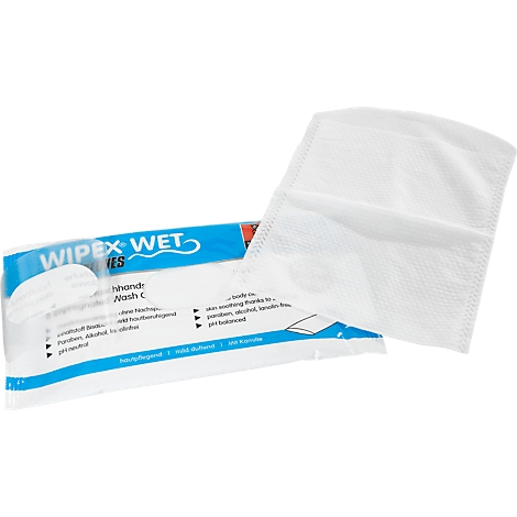 Lingettes nettoyantes blanches sorties d'un emballage. Le nom "WIPEX WET" est imprimé.