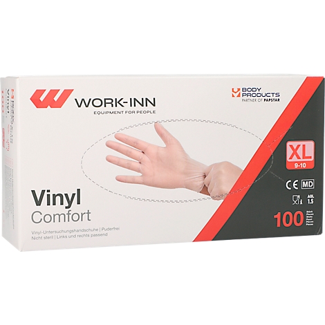 Une boîte de gants en vinyle avec une main représentée. La boîte indique 'WORK-INN Vinyl Comfort'.