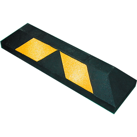 Black parking stop with two yellow diamonds. A practical accessory for parking areas.