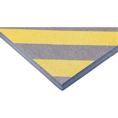 Close-up of a triangular mat with yellow and gray stripes. The mat has a blue border.