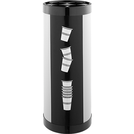 Cylinder with a black front that looks like a blackboard. White cups are depicted on it.