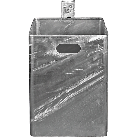 A silver metal letterbox with carrying handle and hanging device. The surface has scratches and streaks.