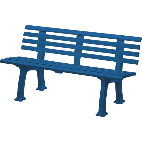 Blue park bench with backrest, perspective view.