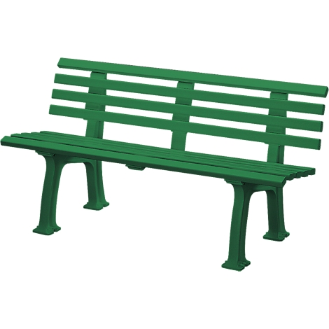A green park bench with a backrest. Wooden slats on seat and backrest, four-legged frame.