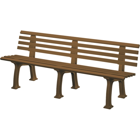 Brown park bench with slatted seat and back. Four legs. On a white background.