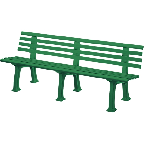 Green park bench with backrest. Standing on feet, photographed at an angle.