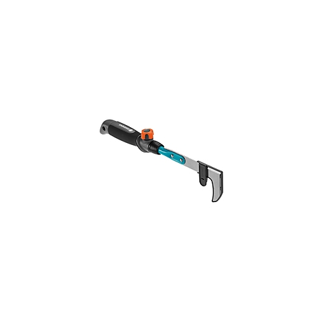 Gartengerät mit schwarzem Griff, türkisem Arm und silberner Klinge. Ein orangefarbener Drehknopf befindet sich am Kopf.
