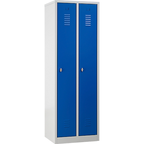 Een witte stalen kast met twee blauwe deuren. Elke deur heeft een ventilatiesleuf en een zilveren handvat.