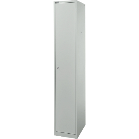 Lichtgrijze kast, met een handvat en een smal, rechthoekig ontwerp.
