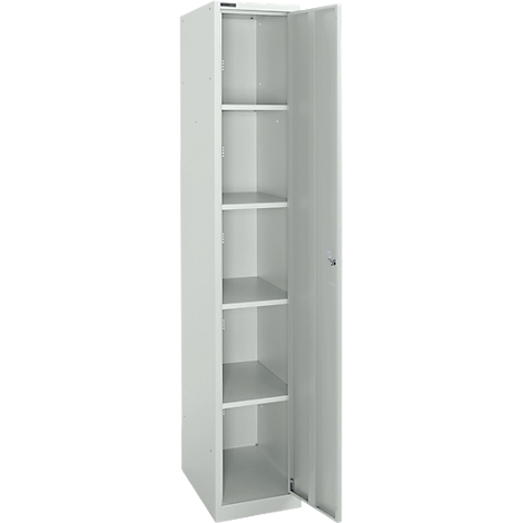 Witte kast met open deur. Binnenin zijn vijf planken te zien.