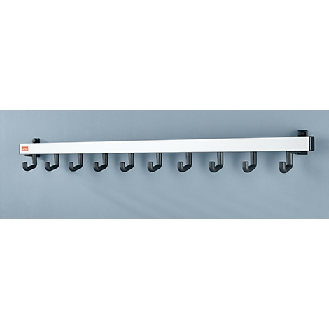 Hängeleiste mit 9 Haken, weißes Metall mit schwarzen Haken, an blauer Wand.