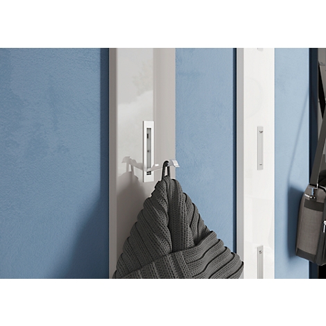 Weißer Wandhaken mit grauem Hut. Blauer Hintergrund.