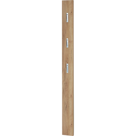 Holzpaneel mit drei quadratischen, silbernen Schaltern. Die Holzmaserung ist deutlich sichtbar.