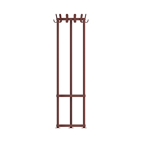 Hoher Kleiderständer aus braunem Metall mit Haken oben und quadratischer Basis.
