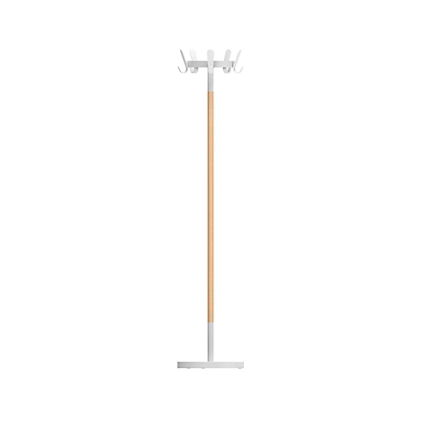Weißer Kleiderständer mit Holzsäule und Haken, auf weißem Hintergrund.