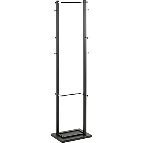 Schwarze, freistehende Garderobe mit Haken und Stange.