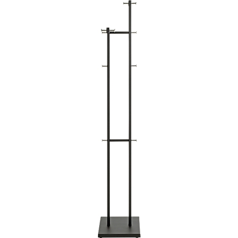 Schwarze Kleiderstange. Ein rechteckiger Fuß trägt zwei lange, vertikale Stangen, an denen mehrere horizontale Stangen zur Ablage von Kleidern befestigt sind.