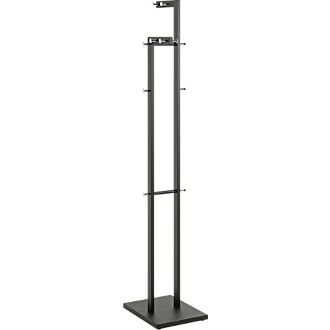 Schwarzer Standfuß für einen Monitor. Der Standfuß hat eine quadratische Basis, eine Säule, und Halterungen für den Monitor.