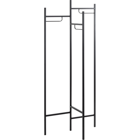 Schwarze, freistehende Garderobe aus Metall, mit Haken und Ablagen. Einfaches, modernes Design.