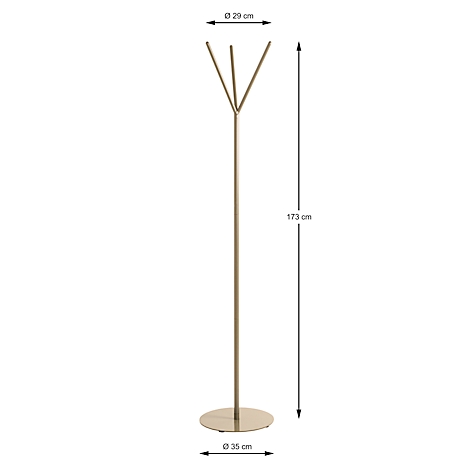 Goldener Kleiderständer mit Abmessungen. Oben 29 cm, unten 38 cm, Höhe 173 cm.