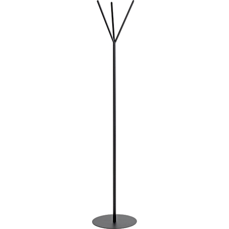 Schwarzer, minimalistischer Kleiderständer; ein Kreis als Basis, ein langer gerader Stab, oben verzweigt sich eine Y-Form.