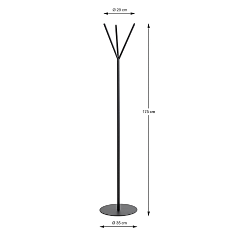 Schwarzer Kleiderständer mit drei Auslegern. Die Höhe beträgt 175 cm, der Durchmesser am Boden 35 cm und die Ausleger 29 cm.