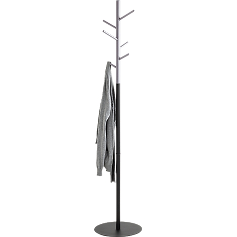 Schwarze, moderne Garderobe mit grauem Pullover. An der Spitze sind sechs horizontale Stangen angebracht.