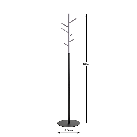 Ein schwarzer Kleiderständer mit Haken, 170 cm hoch, auf rundem Fuß, Ø 36 cm. Graue Elemente für die Aufhängung.