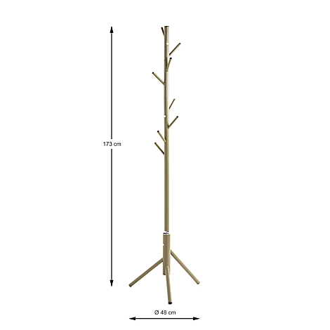 Beiger Kleiderständer, 173 cm hoch, 48 cm Durchmesser, mit seitlichen Haken, auf hellem Hintergrund.